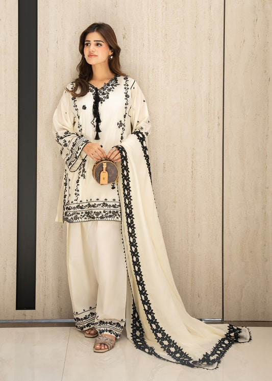 Almond White Embroidered Lawn