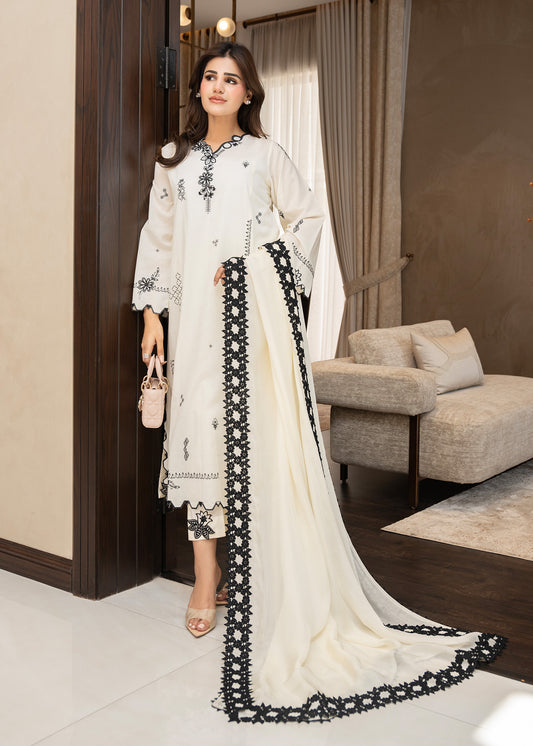 Cream White Embroidered Lawn