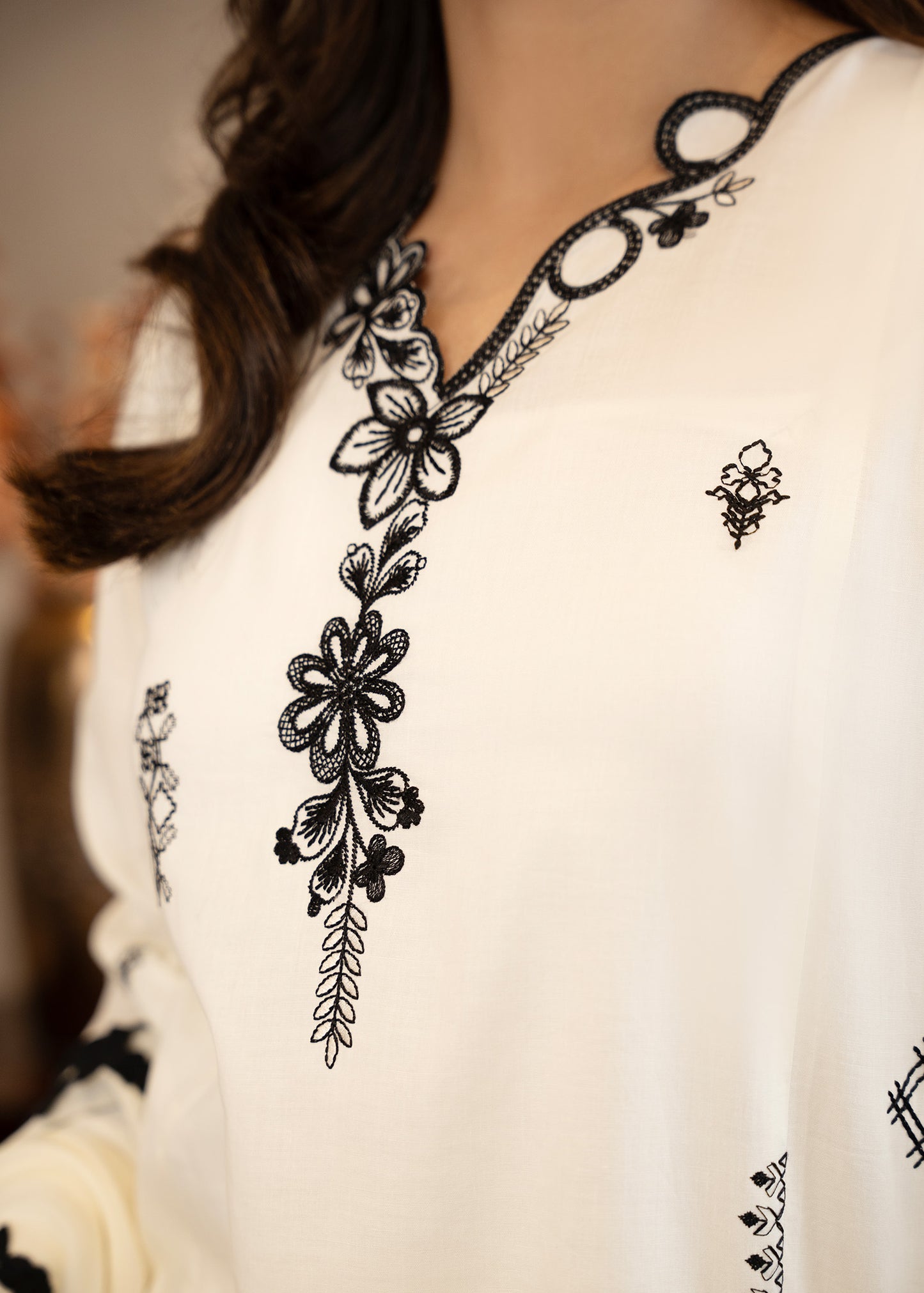 Cream White Embroidered Lawn