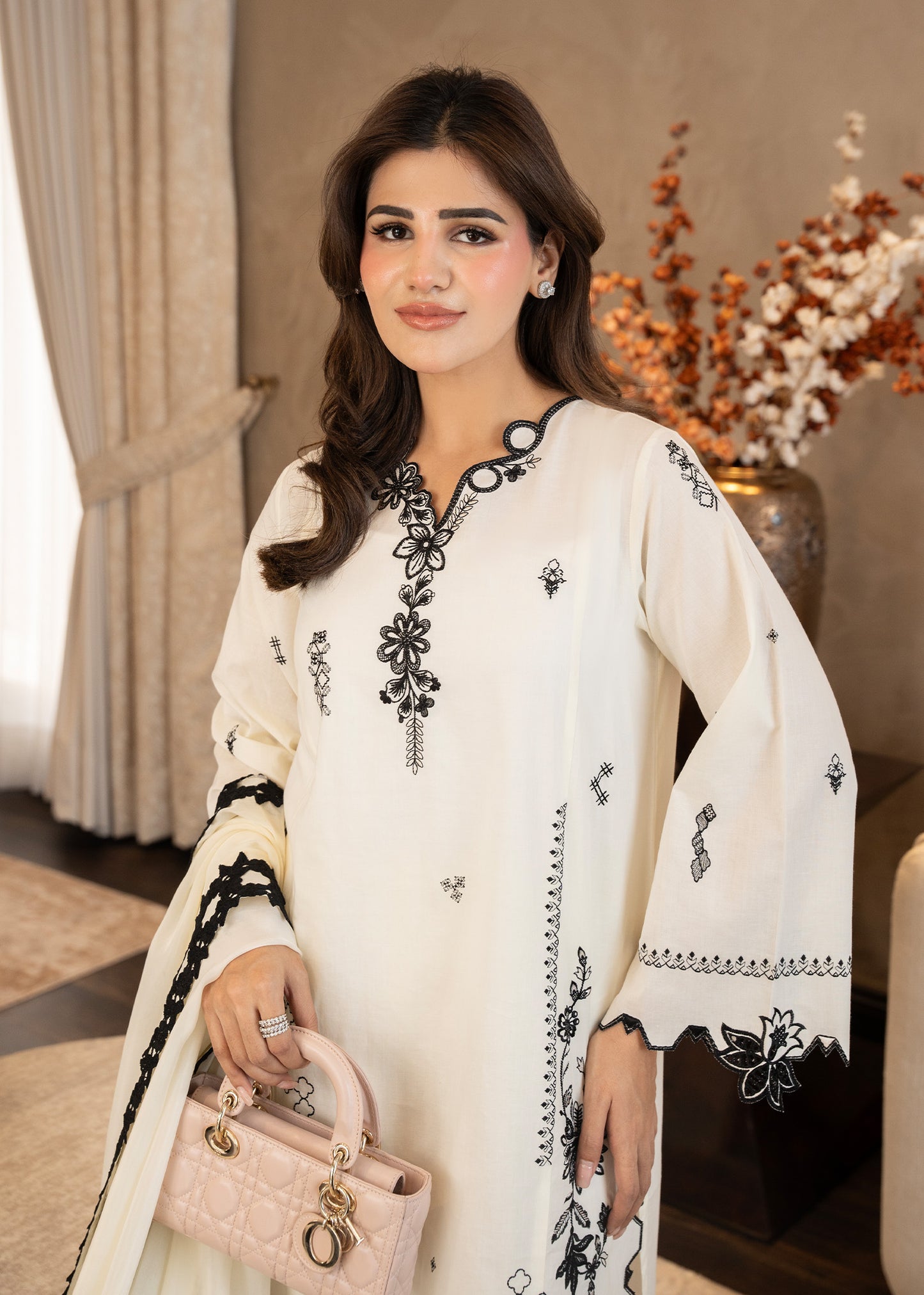 Cream White Embroidered Lawn