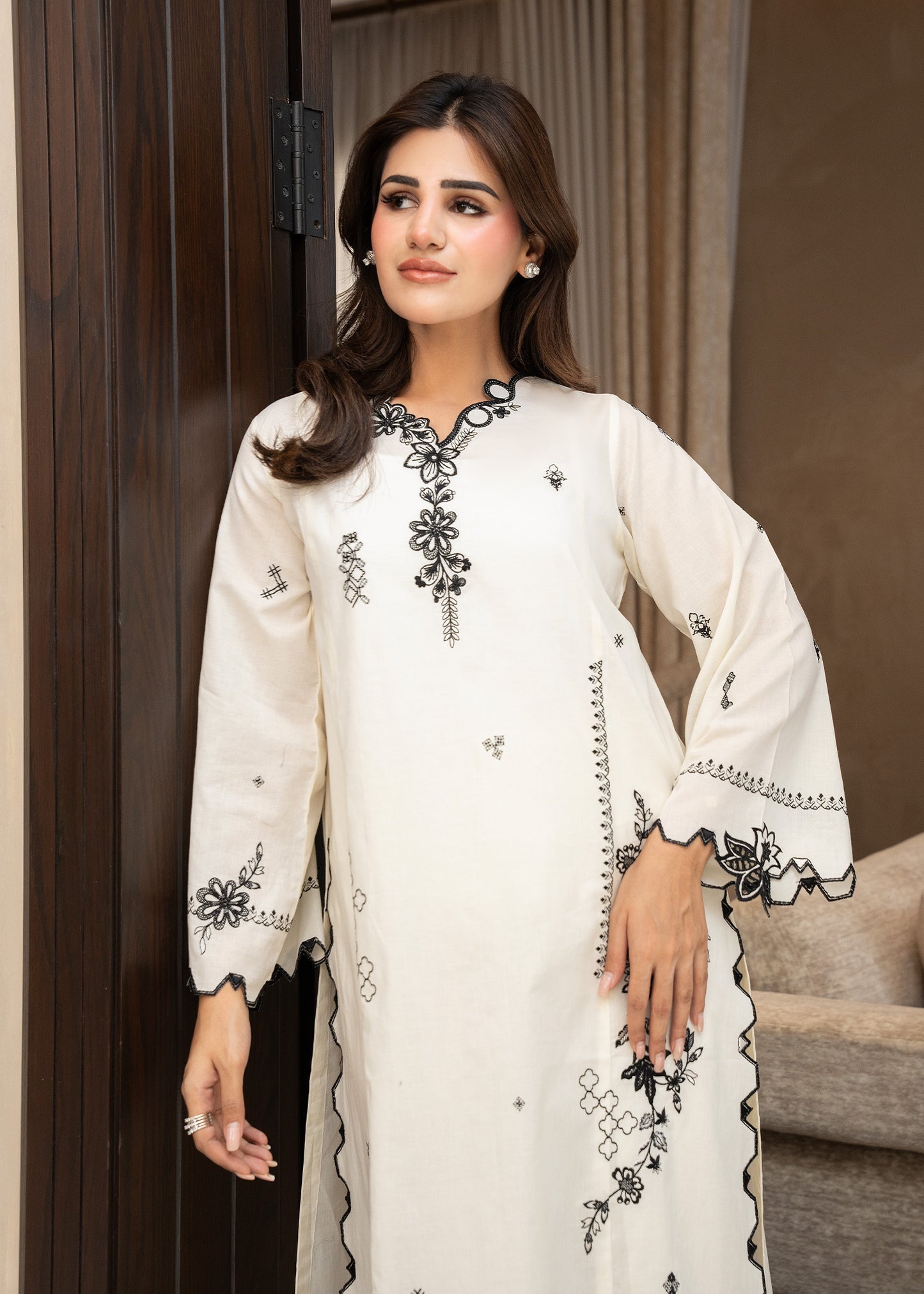 Cream White Embroidered Lawn