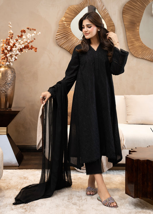 Obsidian Black Embroidered Lawn