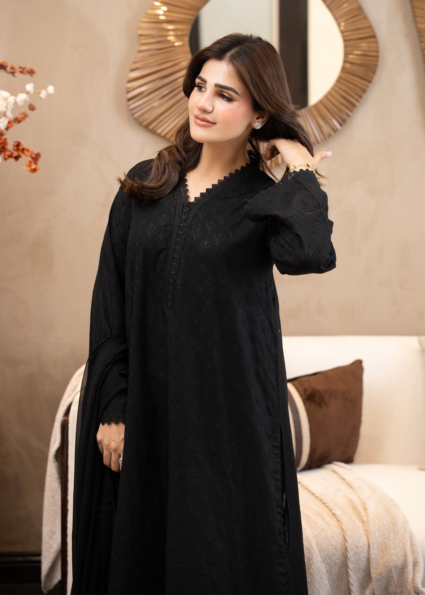 Obsidian Black Embroidered Lawn