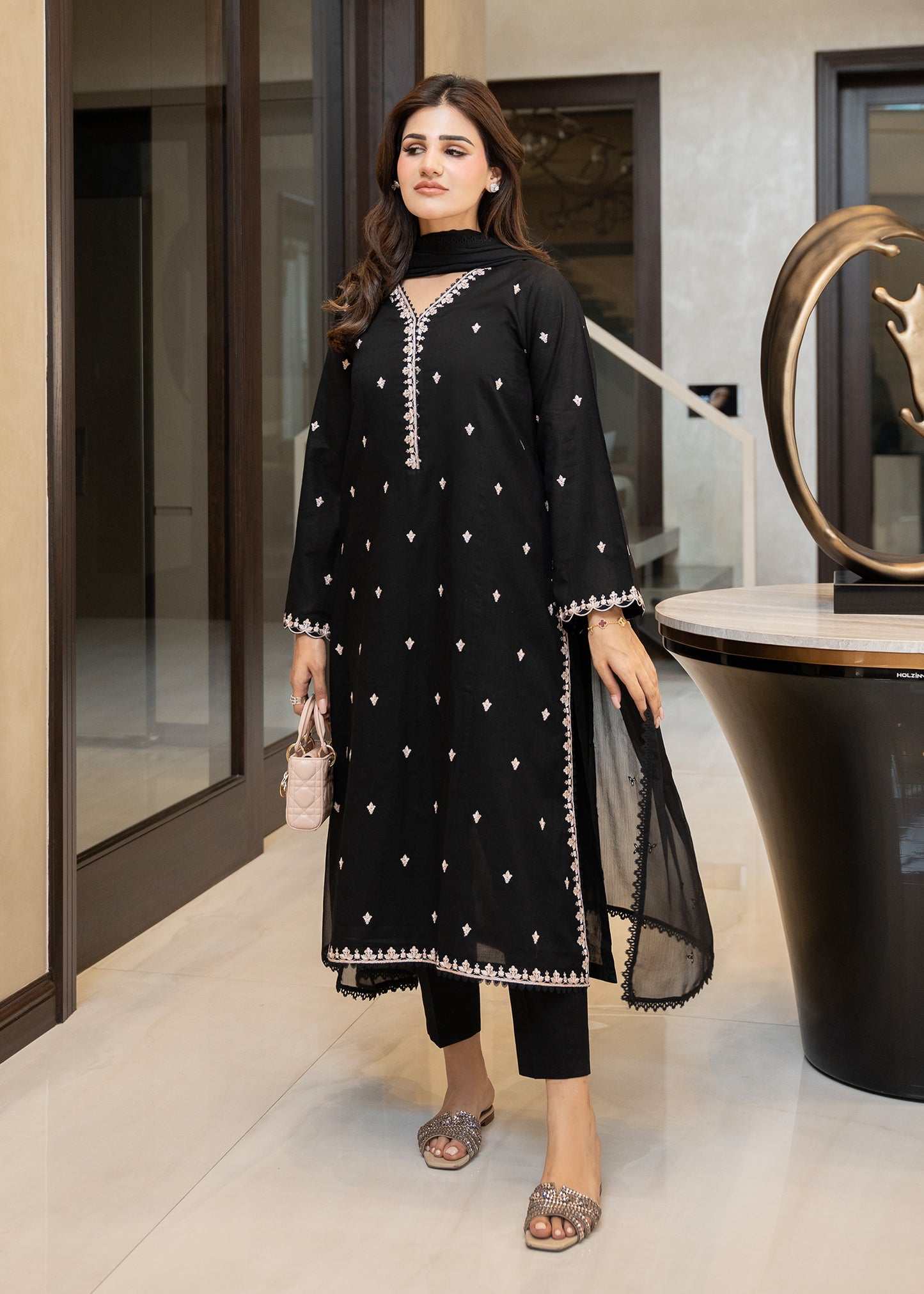 Raven Black Embroidered Lawn