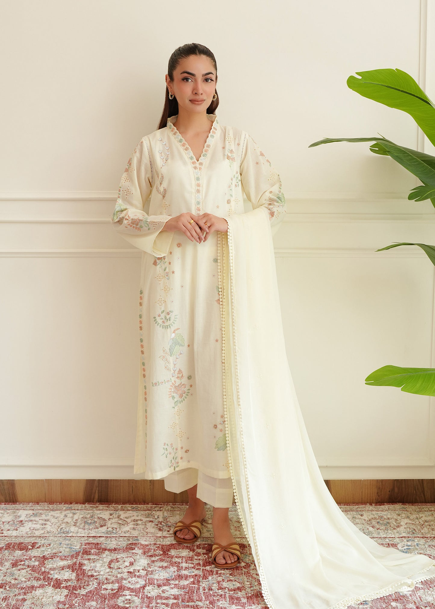 Off White Embroidered Medium Silk Dupatta