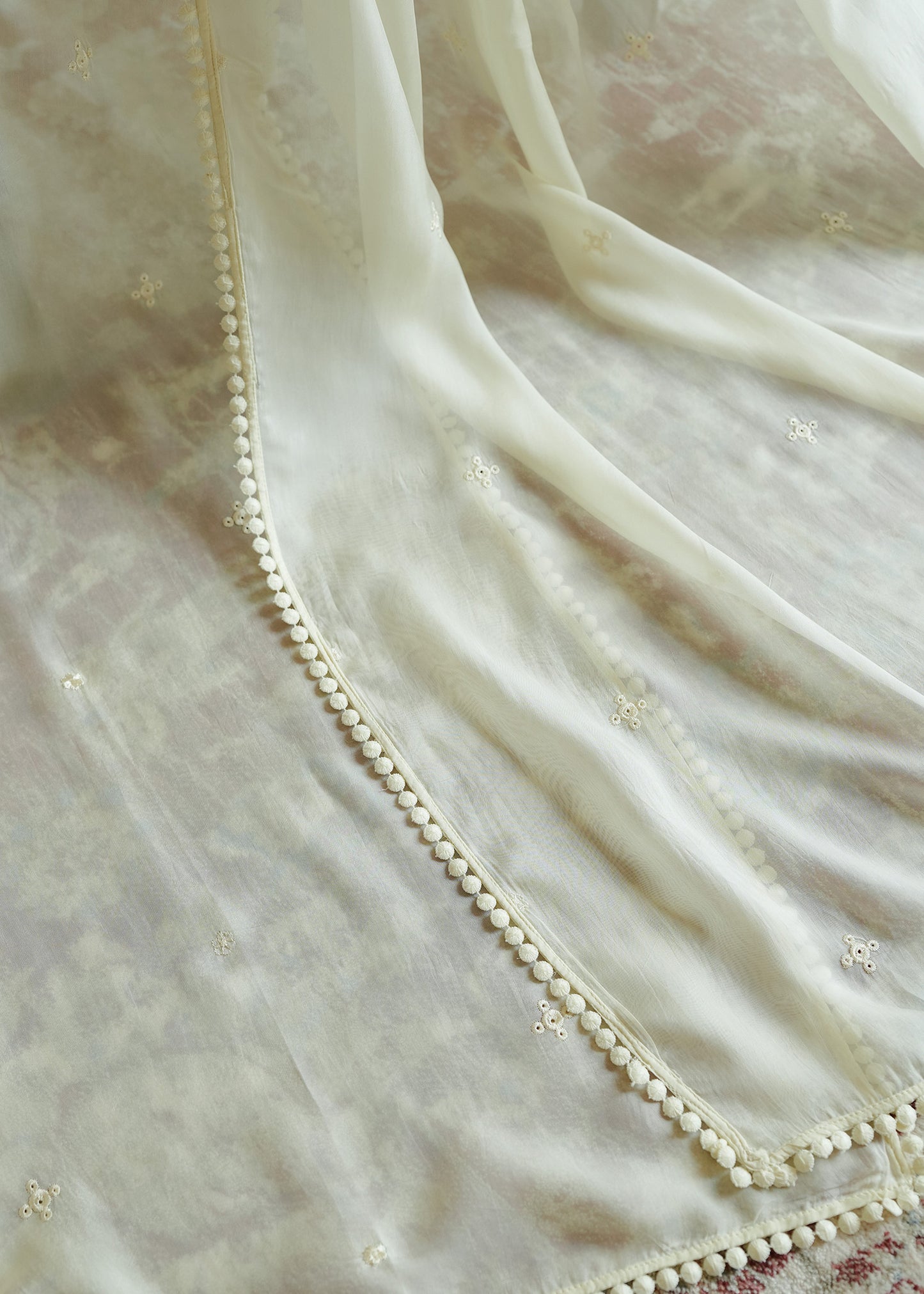Off White Embroidered Medium Silk Dupatta