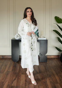 Olive on White Embroidered Lawn Co-ord Set
