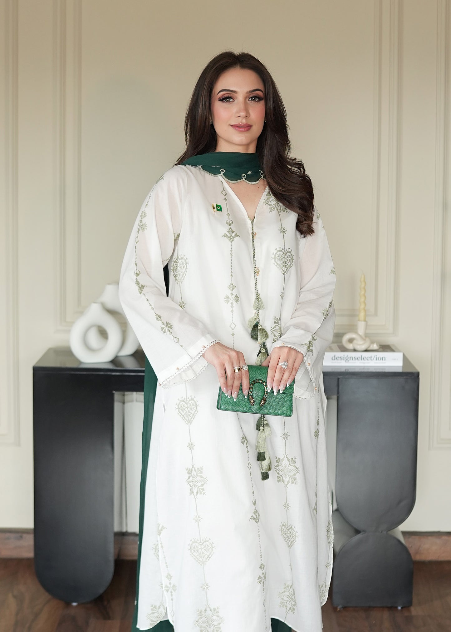 Olive on White Embroidered Lawn Co-ord Set
