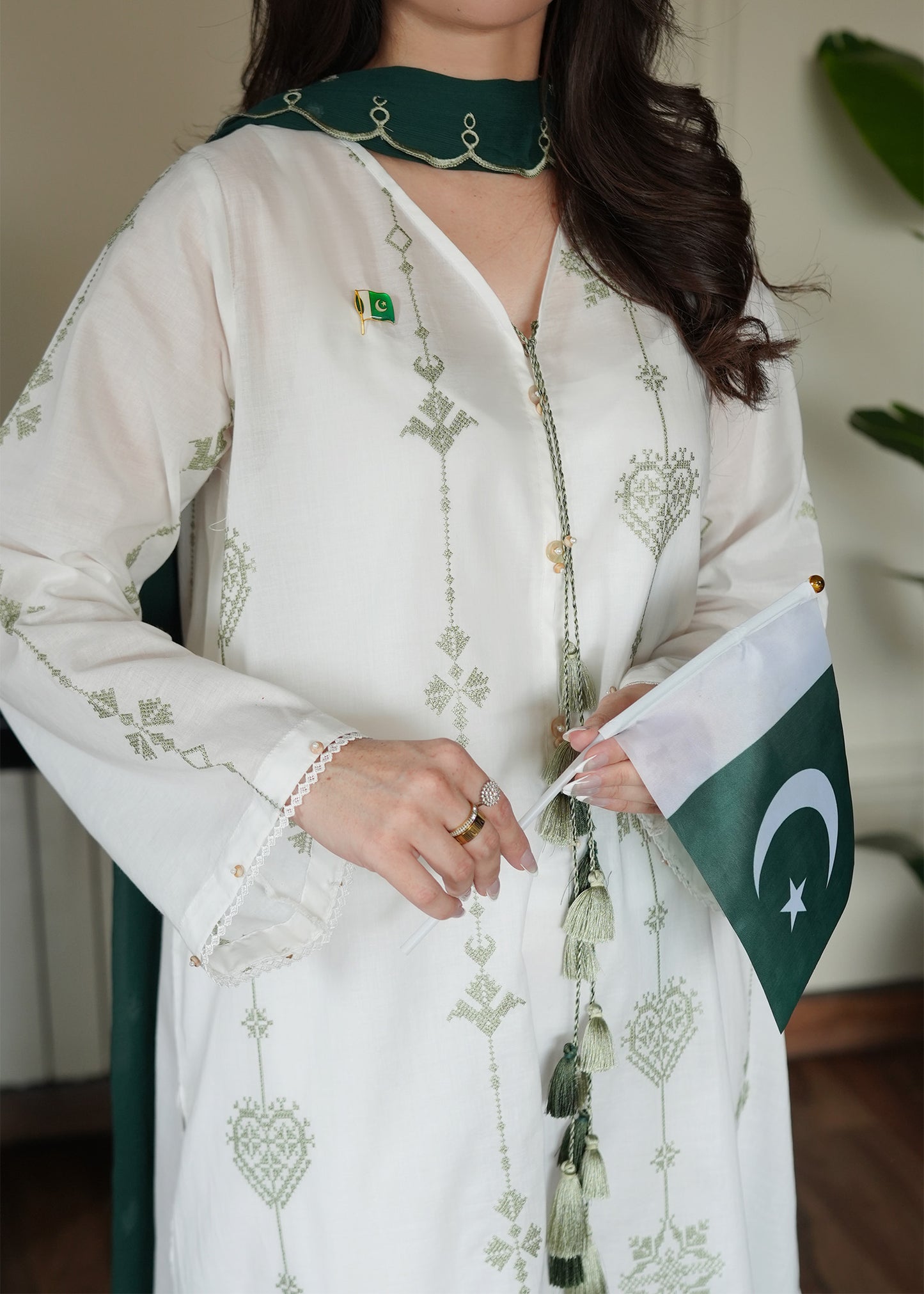 Olive on White Embroidered Lawn Co-ord Set
