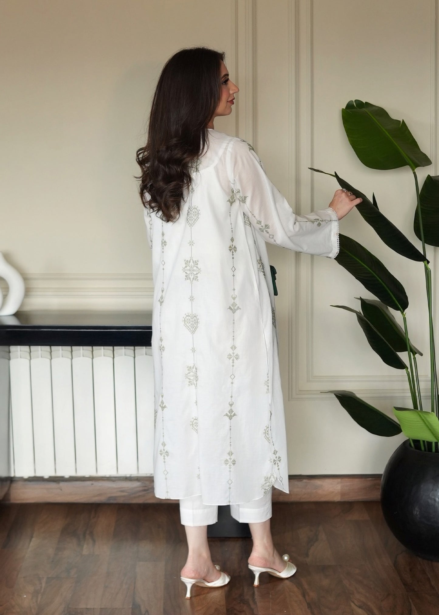 Olive on White Embroidered Lawn Co-ord Set