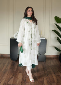 Olive on White Embroidered Lawn Co-ord Set