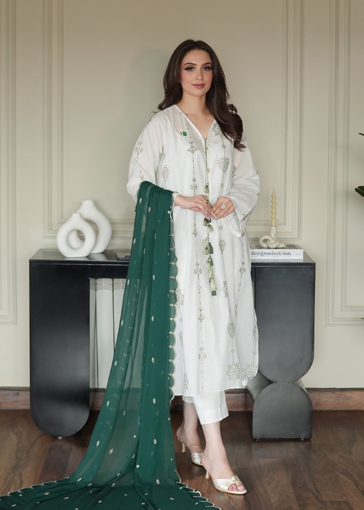 Olive on White Embroidered Lawn Co-ord Set