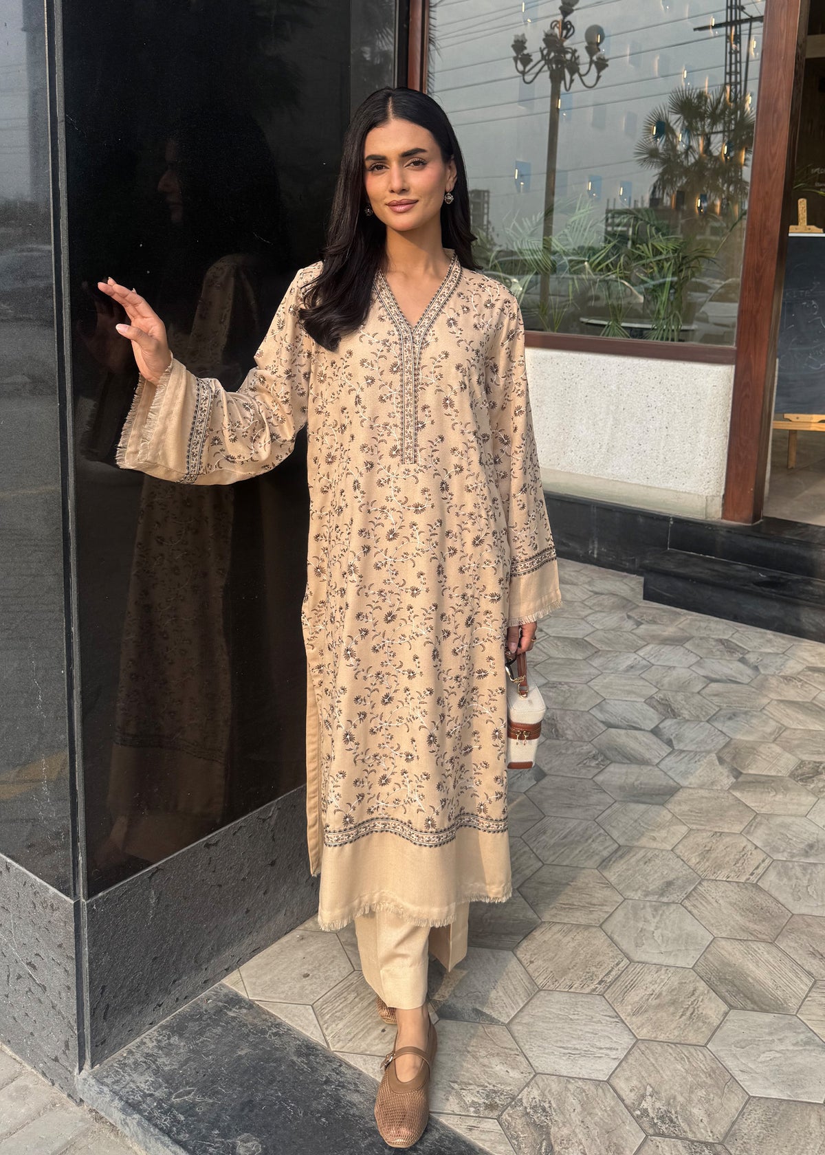 Beige Embroidered Karandi 2 PC Suit