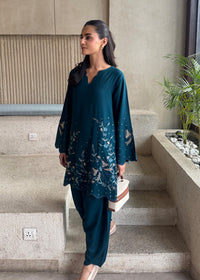 Teal Blue Embroidered Karandi 2 PC Suit
