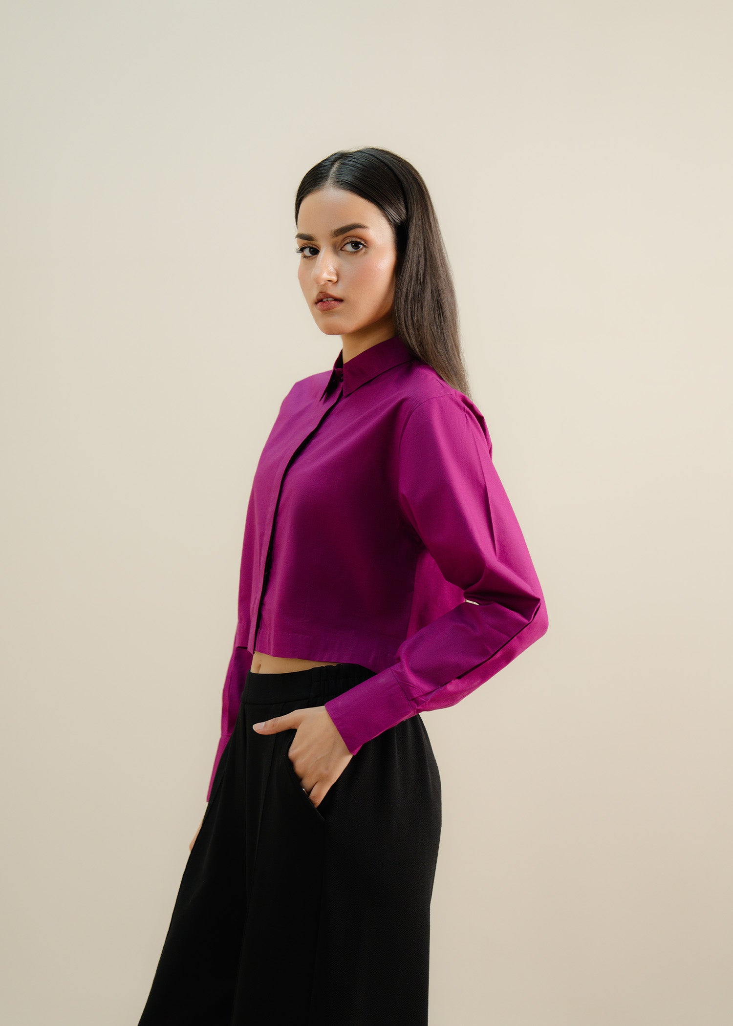 Magenta Cropped Button Up