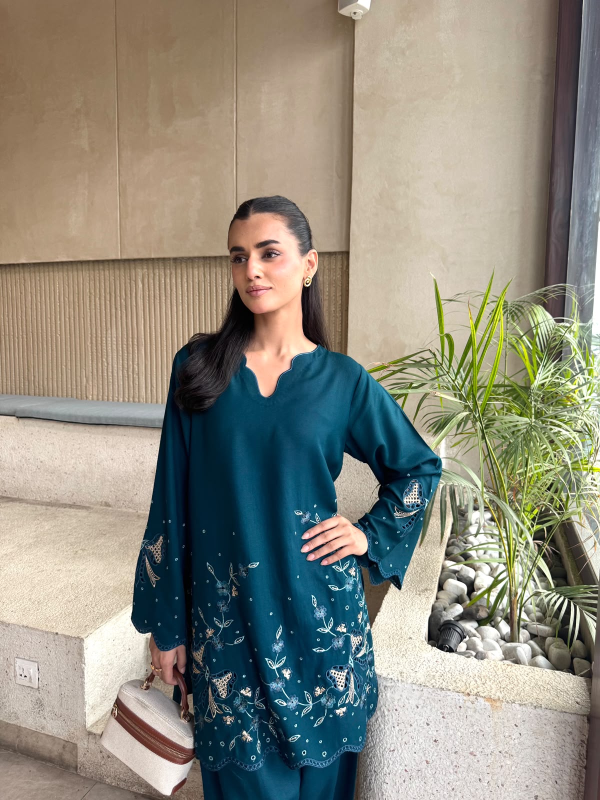 Teal Blue Embroidered Karandi 2 PC Suit