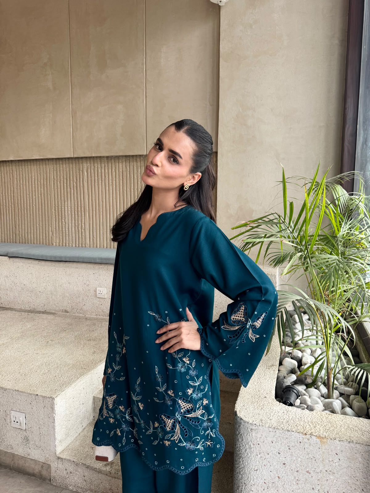 Teal Blue Embroidered Karandi 2 PC Suit