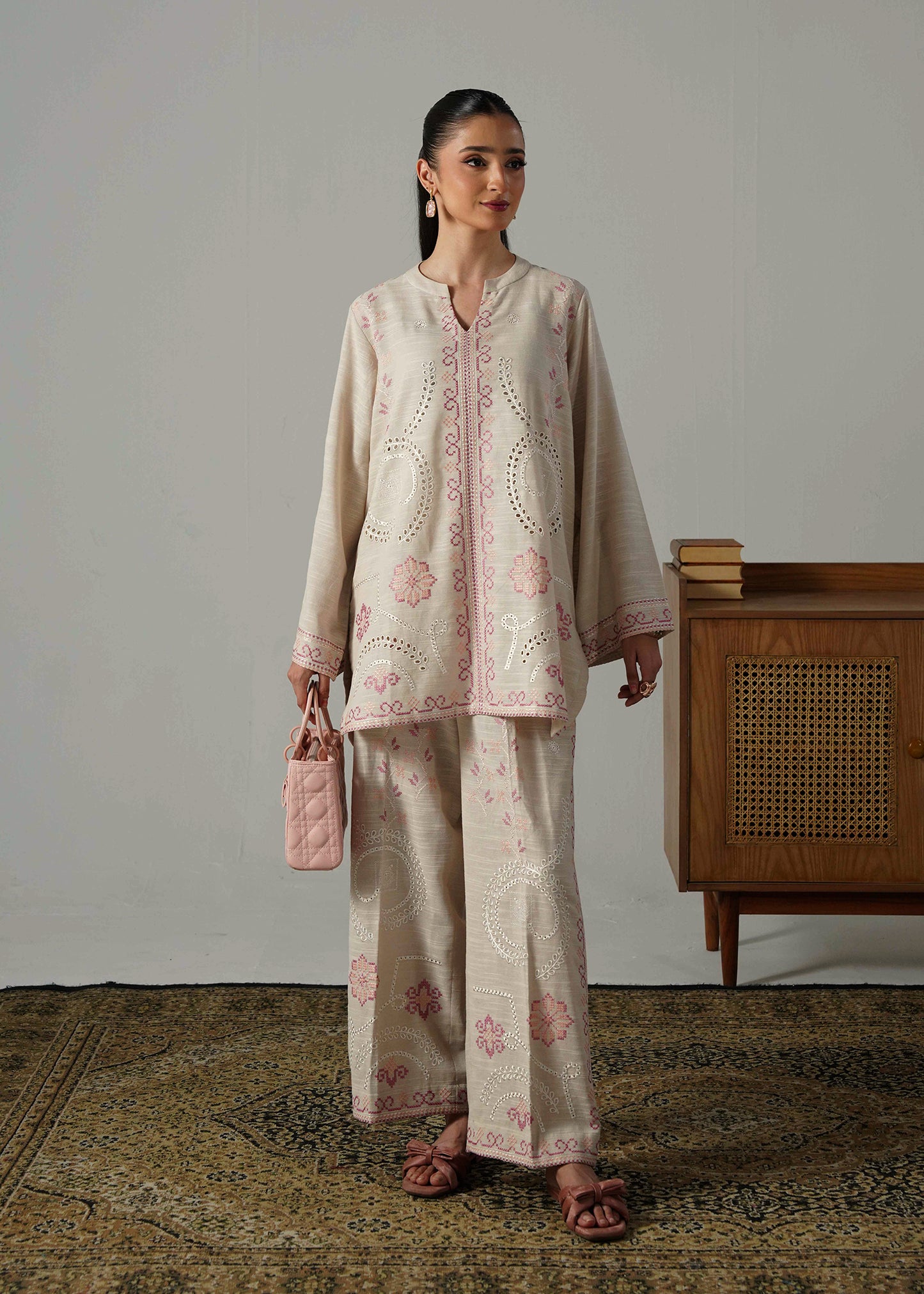 Embroidered Beige Khaddar Suit - Short