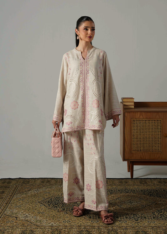Embroidered Beige Khaddar Suit - Short