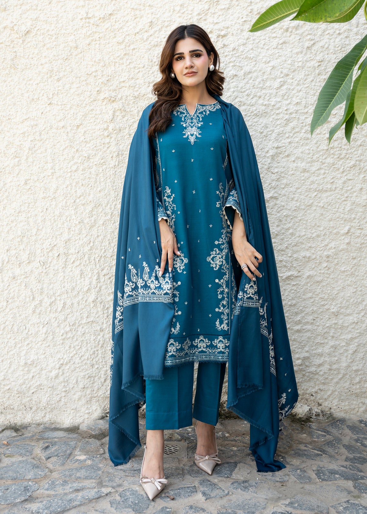 Teal Blue Embroidered Wool Shawl