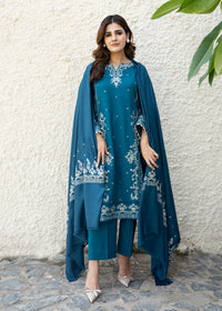 Teal Blue Embroidered Wool Shawl