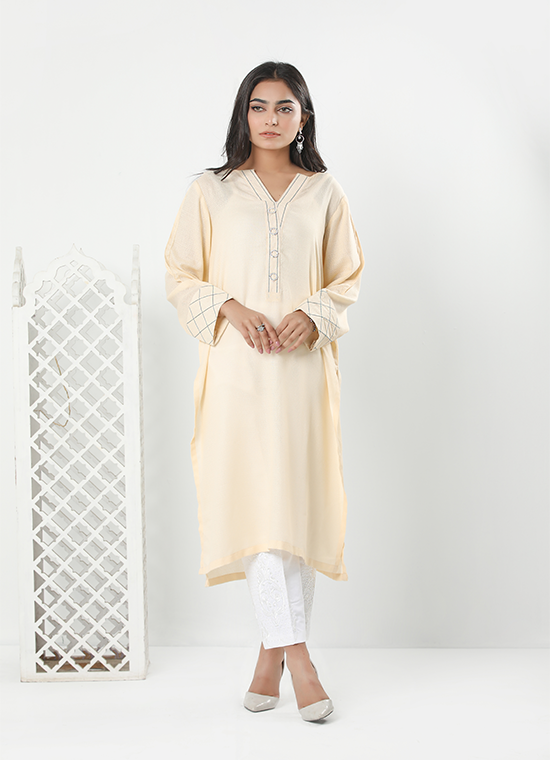 Cream Karandi Shirt Stitched