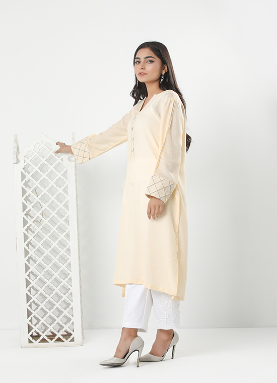 Cream Karandi Shirt Stitched