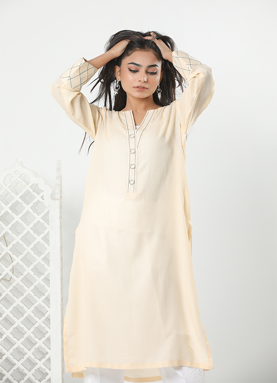 Cream Karandi Shirt Stitched