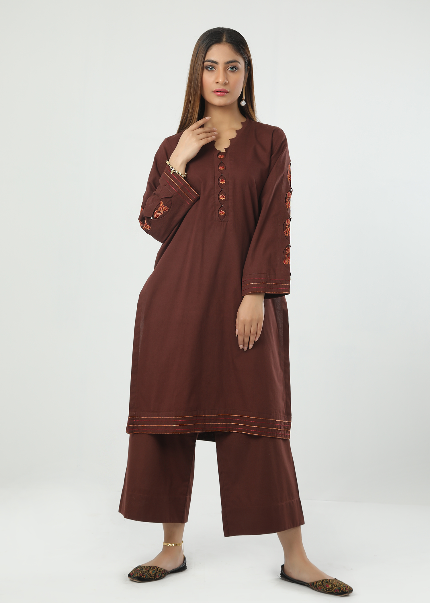 Brown Lawn Embroidered 2 Piece Stitched
