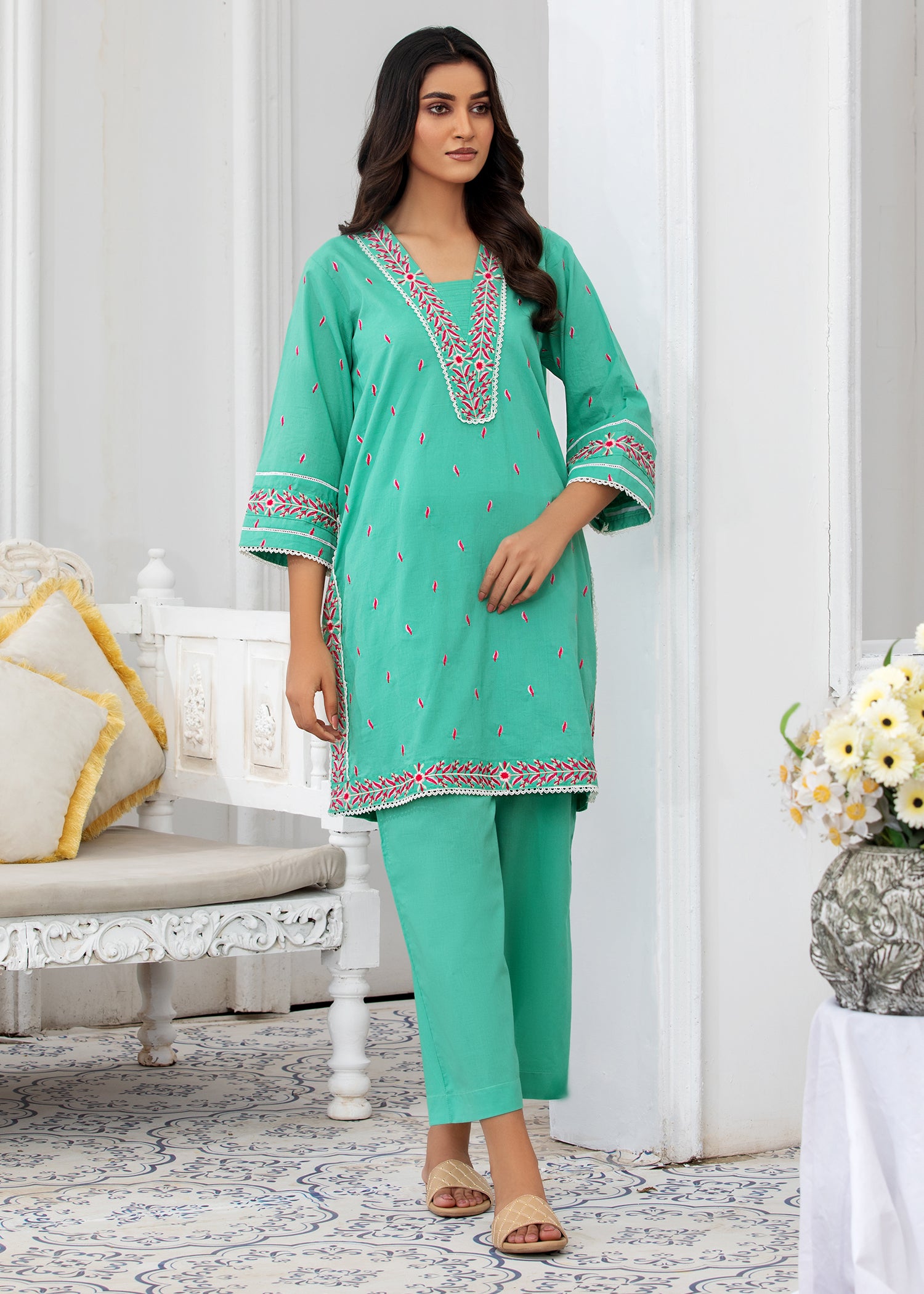 Sea Green Embroidered Suit