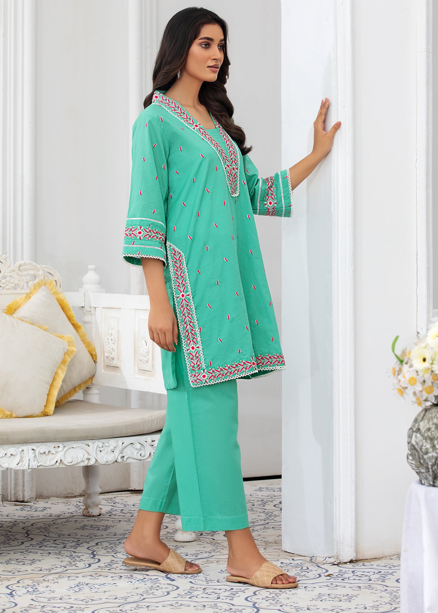 Sea Green Embroidered Suit