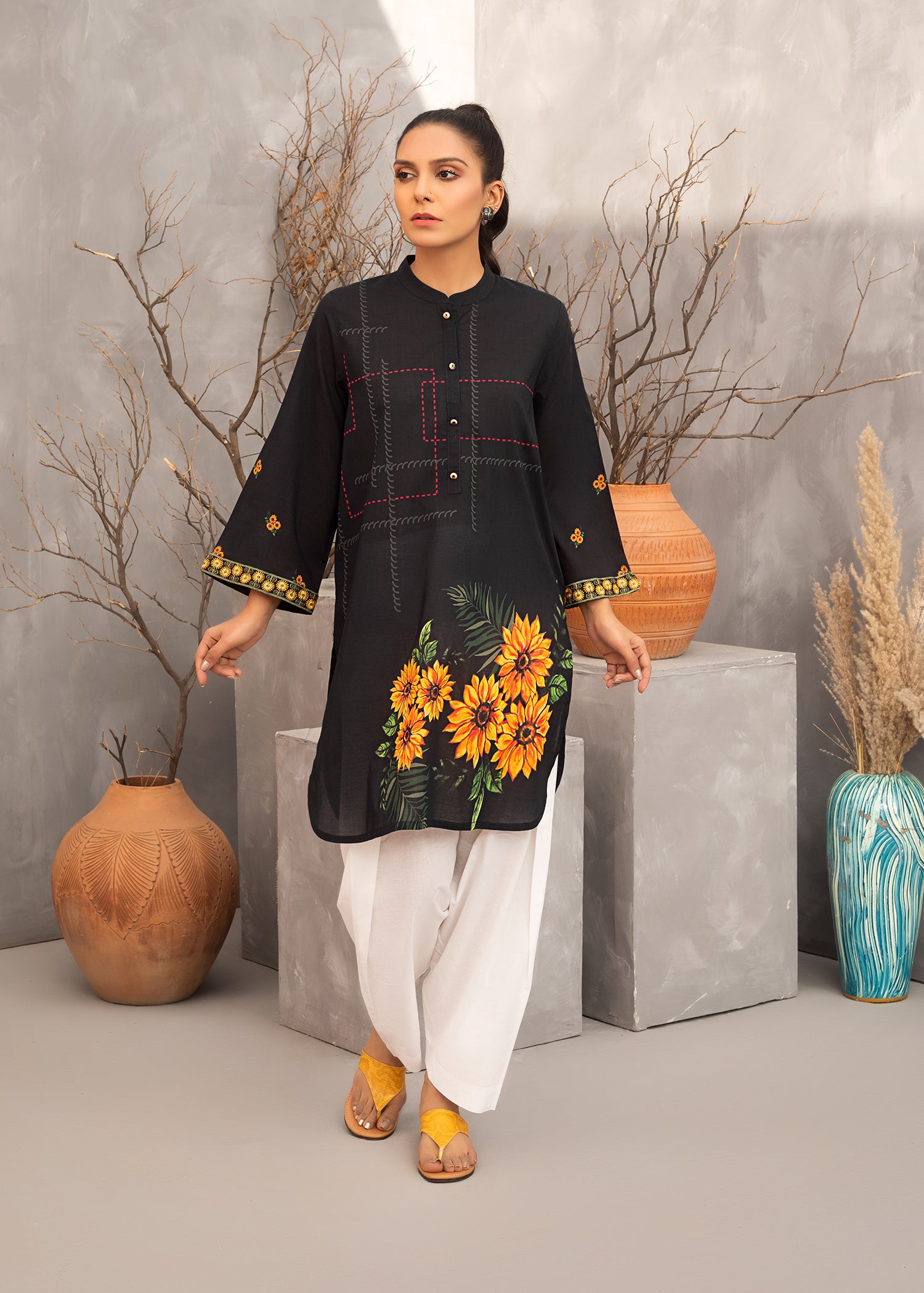Black Embroidered Printed Lawn Shirt
