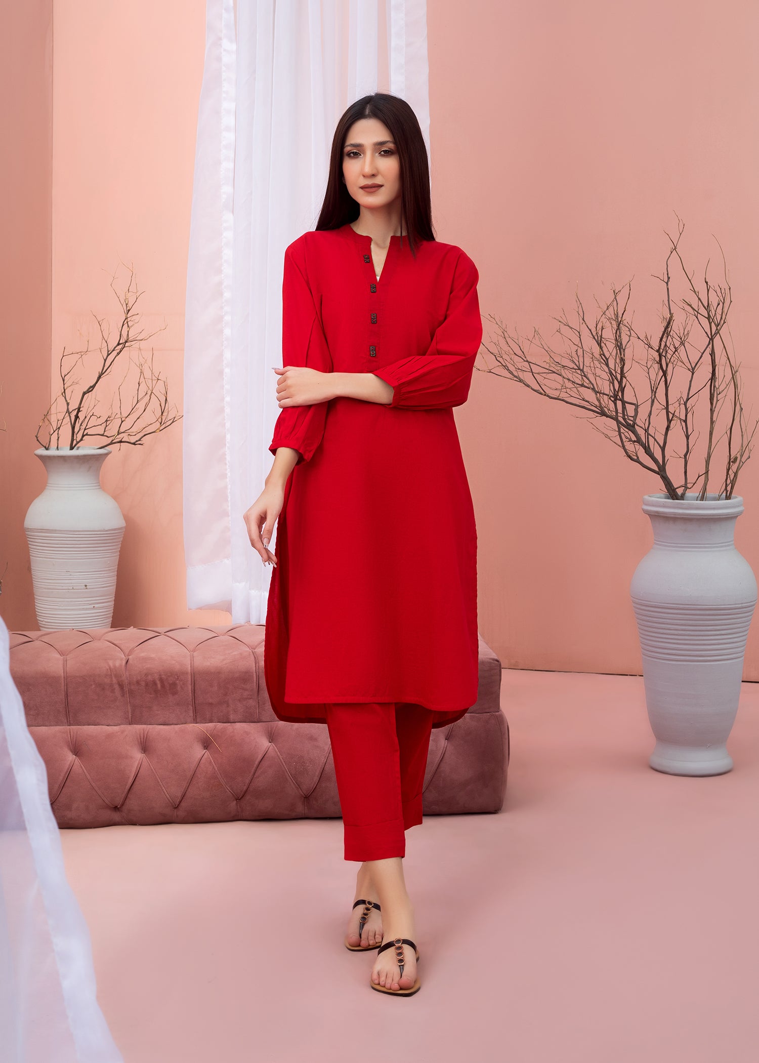 Red Solid Lawn Suit