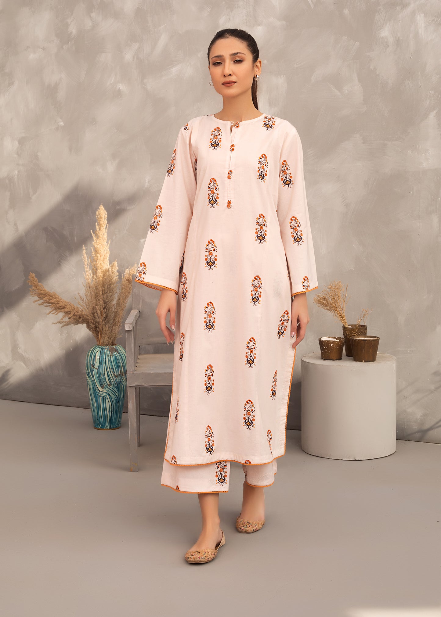 Biege Printed Lawn Suit