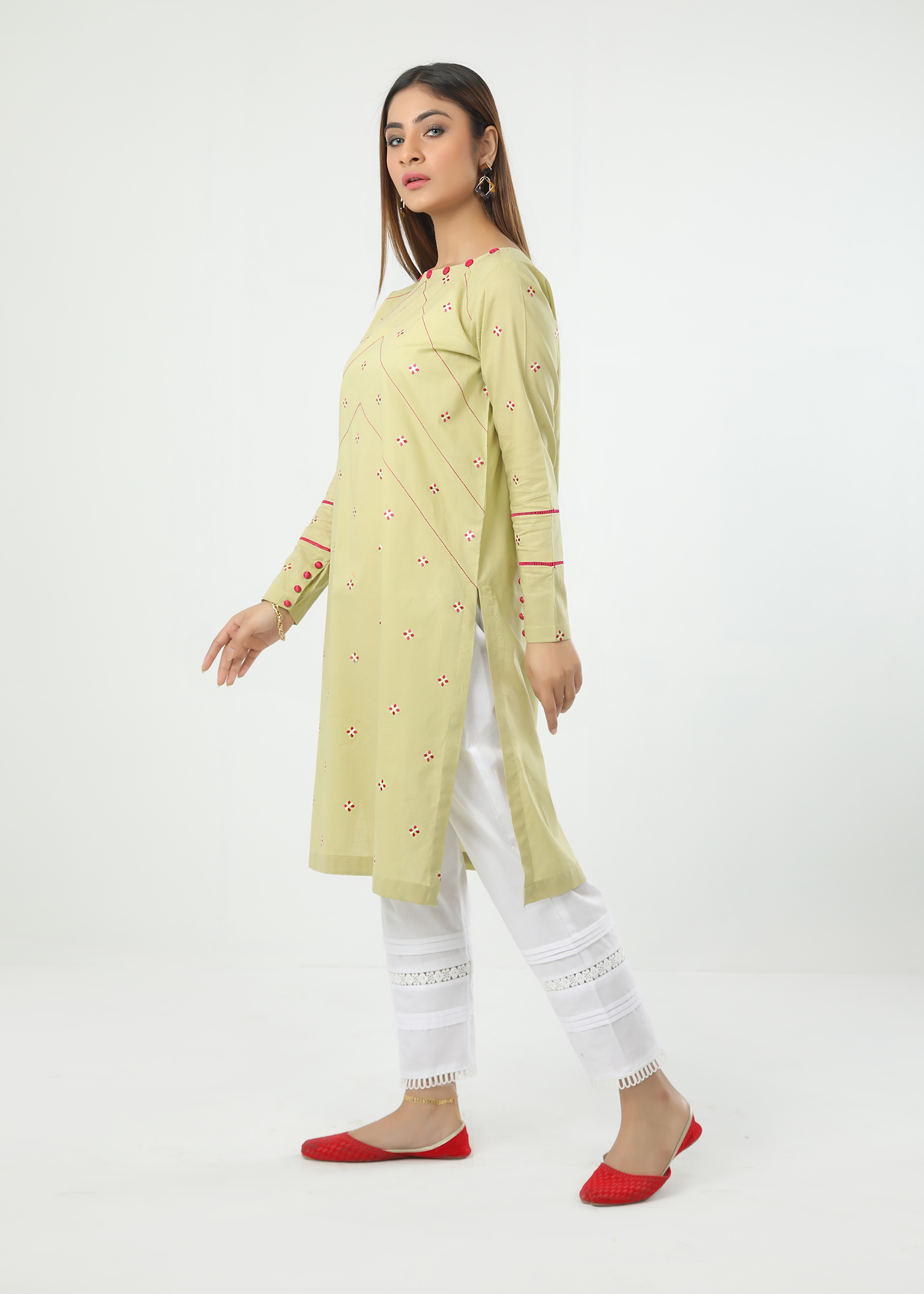 Pista Green Embroidered Shirt Stitched