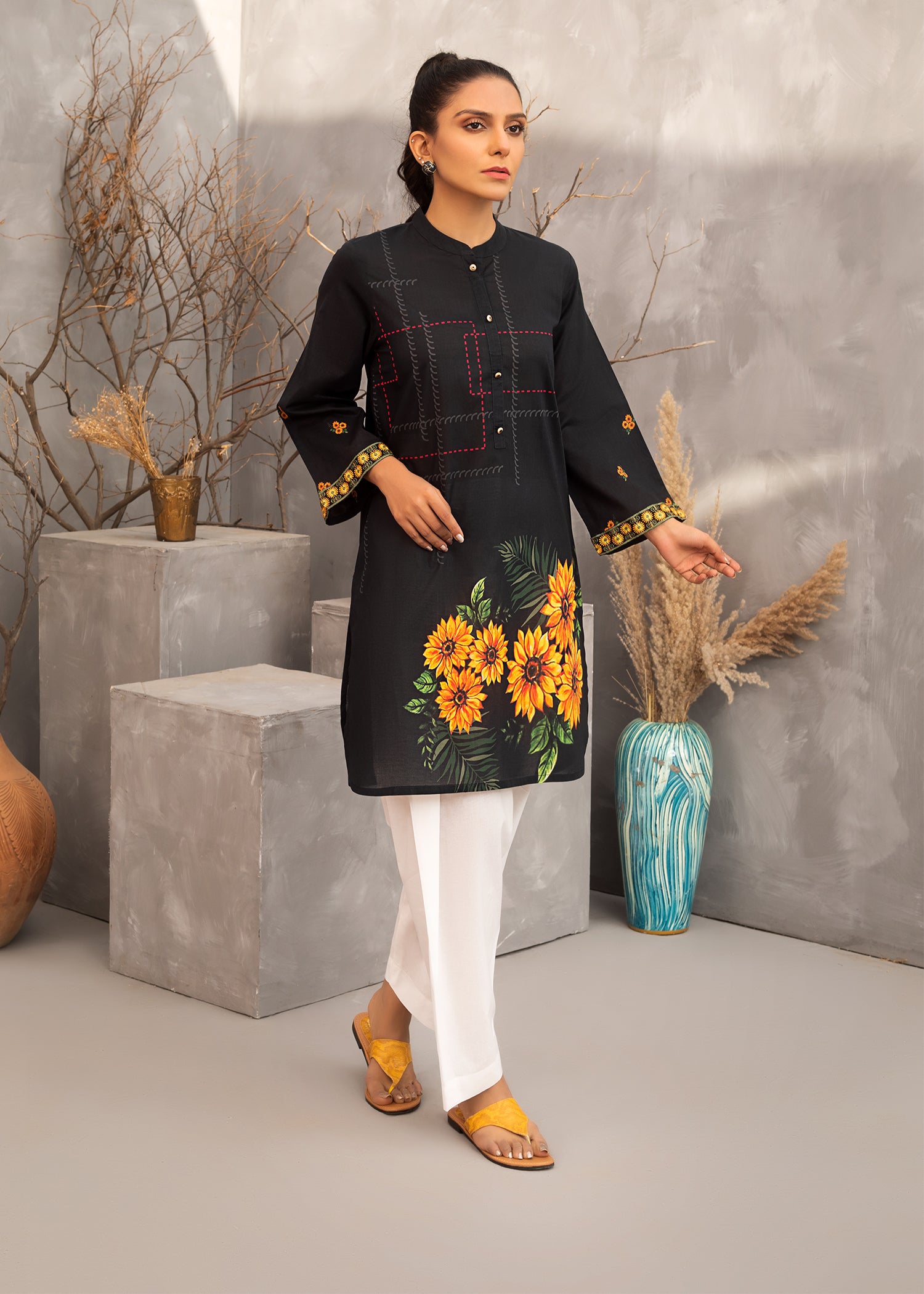 Black Embroidered Printed Lawn Shirt