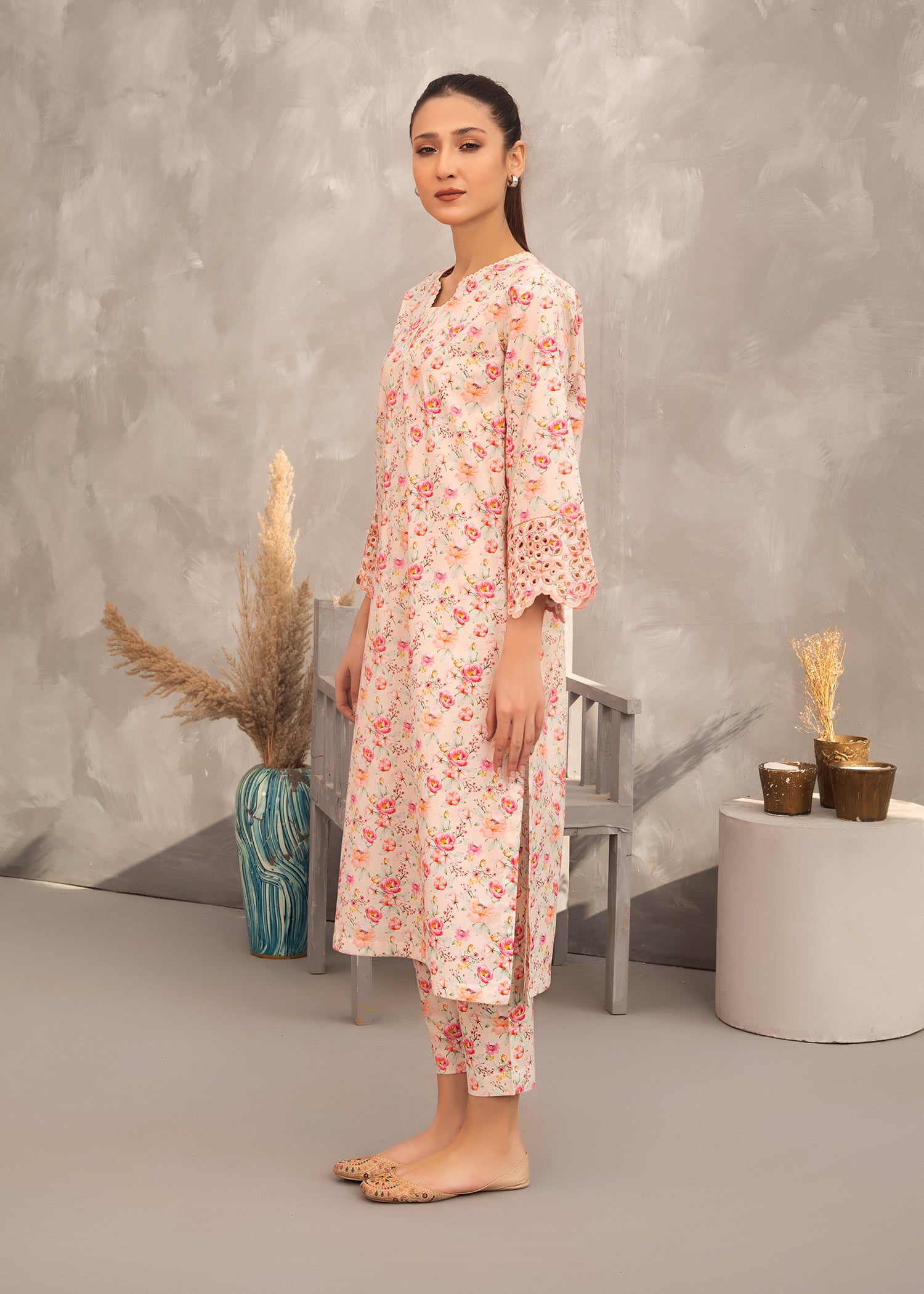 Off White & Pink Printed Lawn Suit