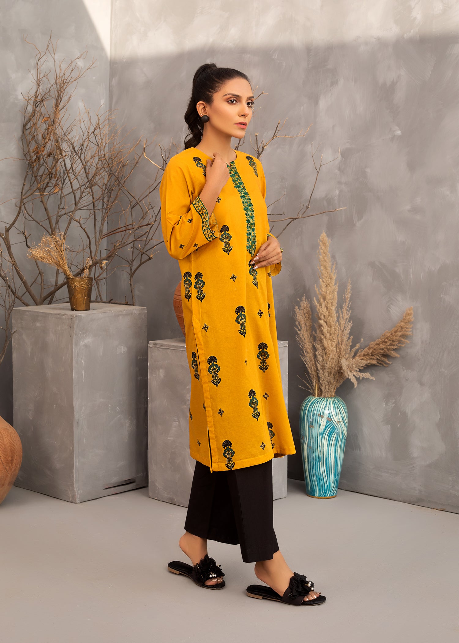 Mustard Printed Embroidered Lawn Suit