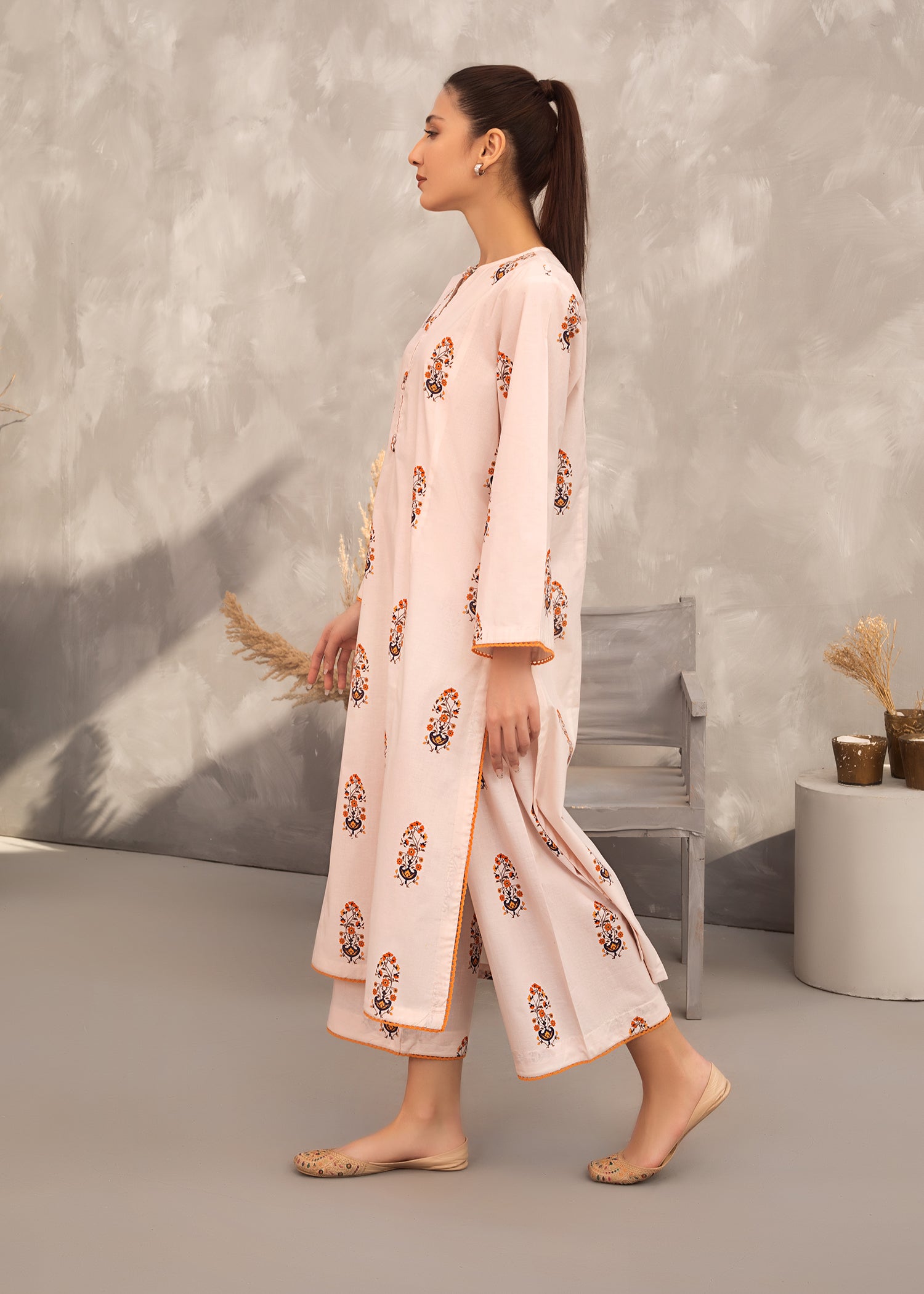 Biege Printed Lawn Suit