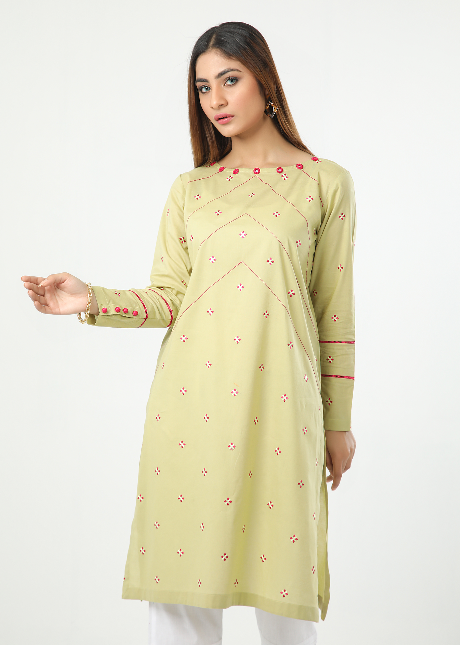 Pista Green Embroidered Shirt Stitched