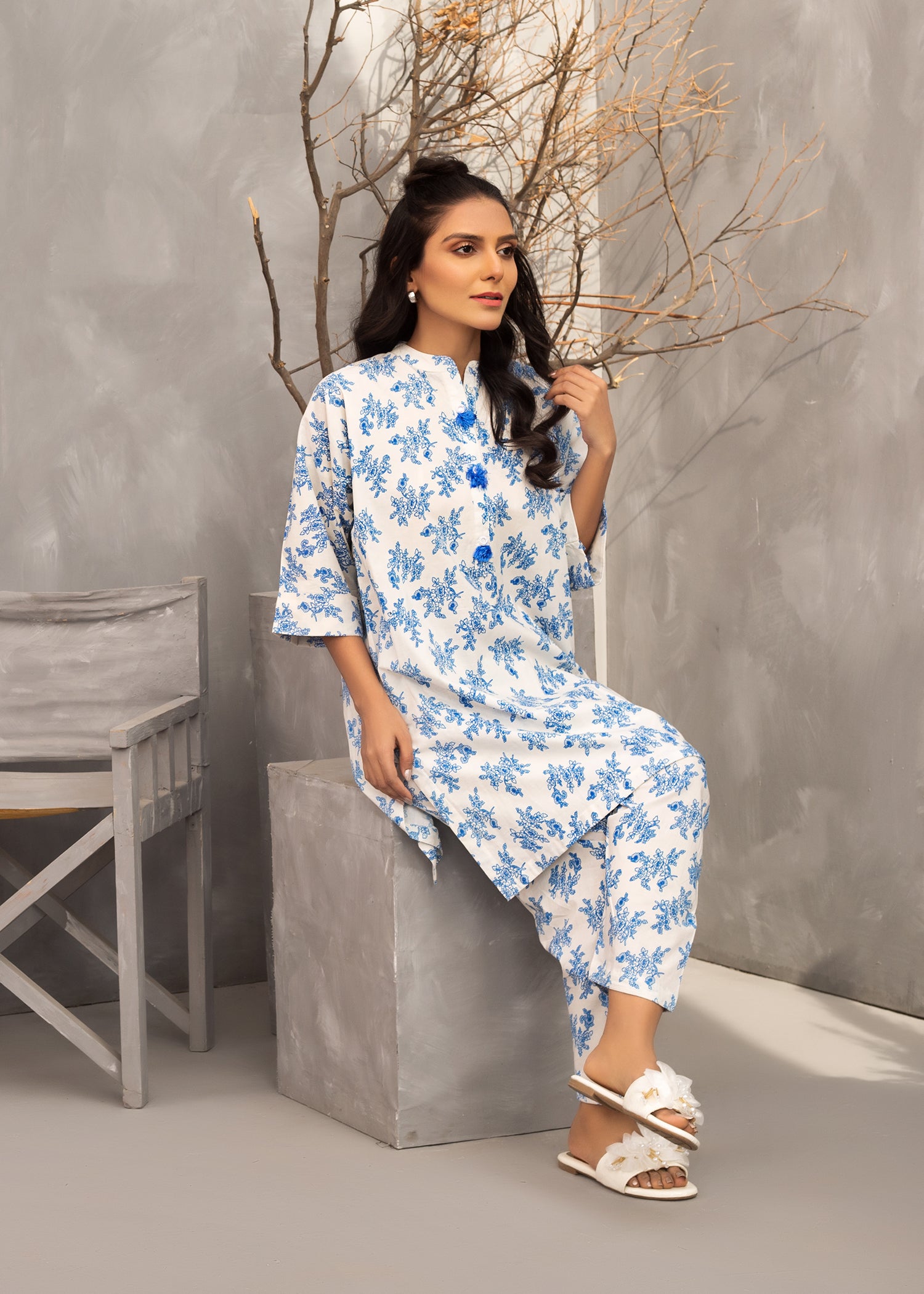White & Blue Printed Lawn Suit