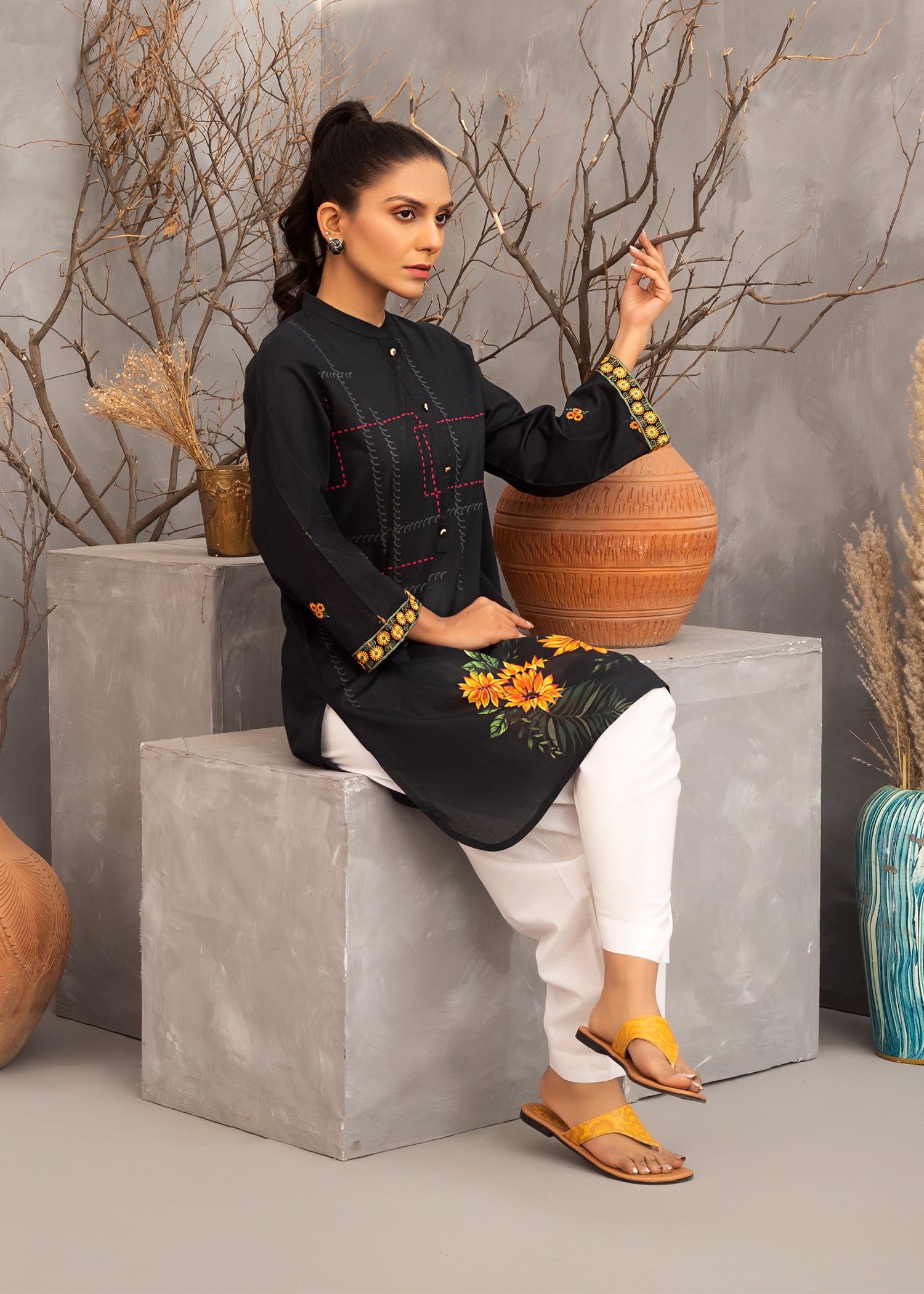 Black Embroidered Printed Lawn Shirt
