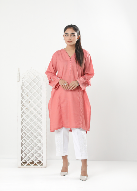 Slub Khaddar Tea Pink Embroidered Shirt
