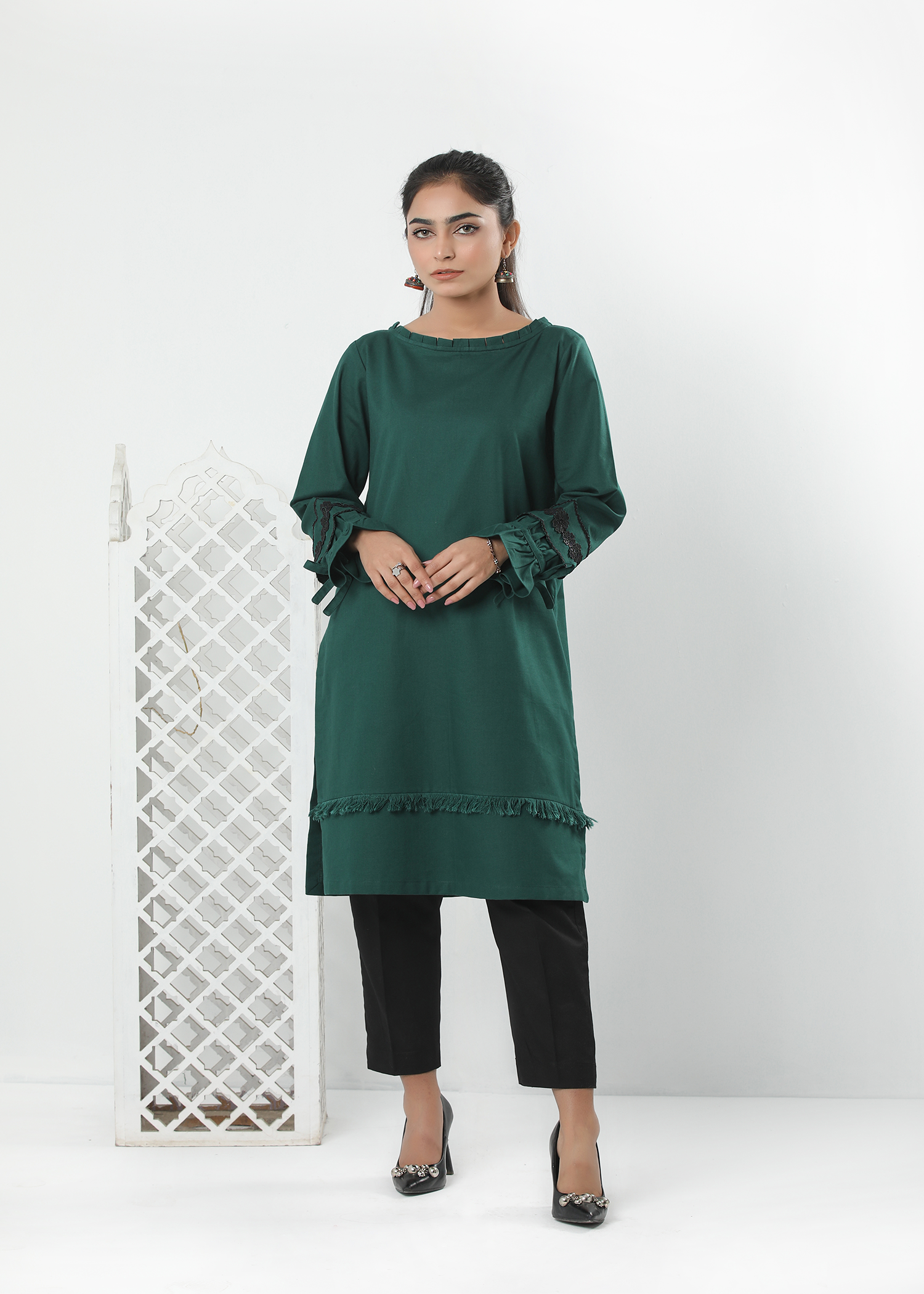 Plain Khaddar Dark Green Embroidered Shirt