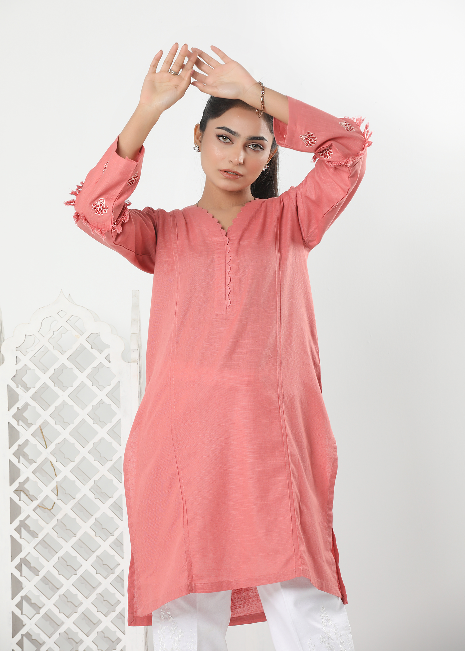 Slub Khaddar Tea Pink Embroidered Shirt