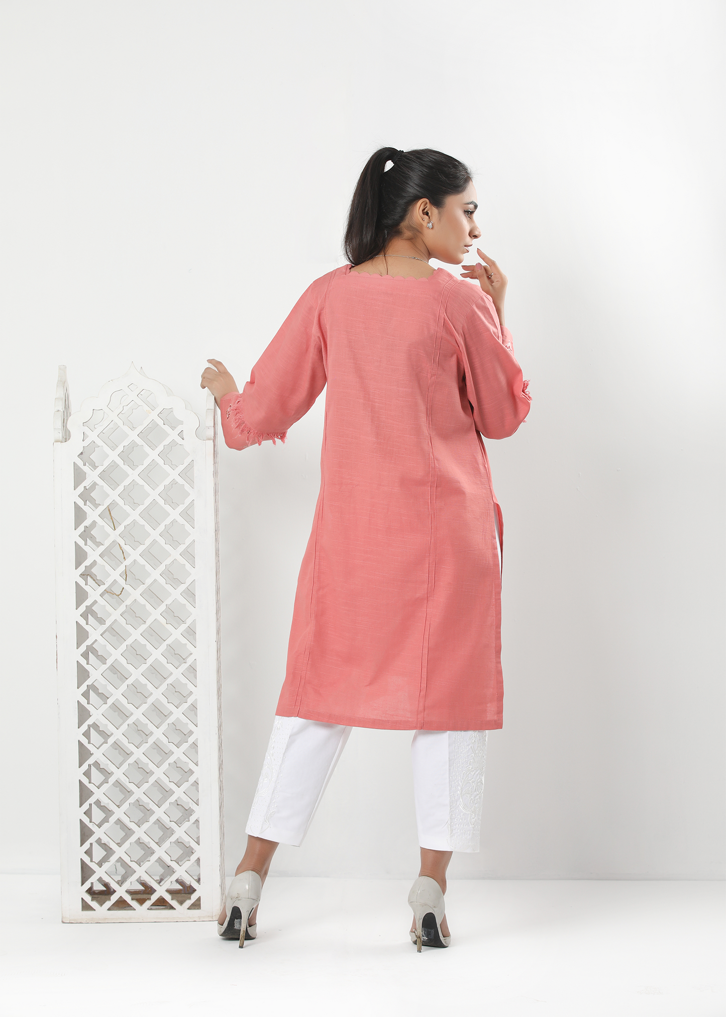 Slub Khaddar Tea Pink Embroidered Shirt