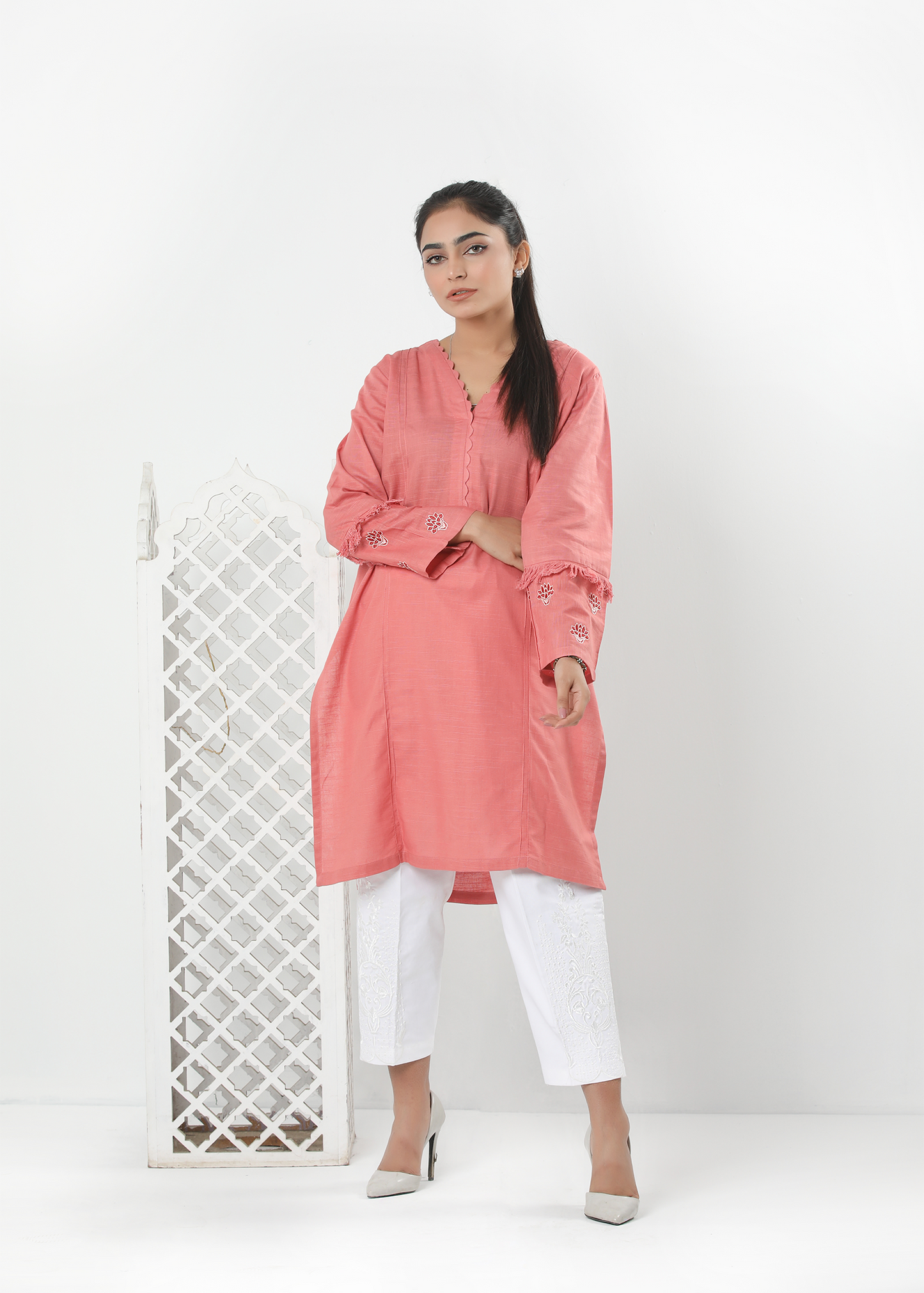 Slub Khaddar Tea Pink Embroidered Shirt