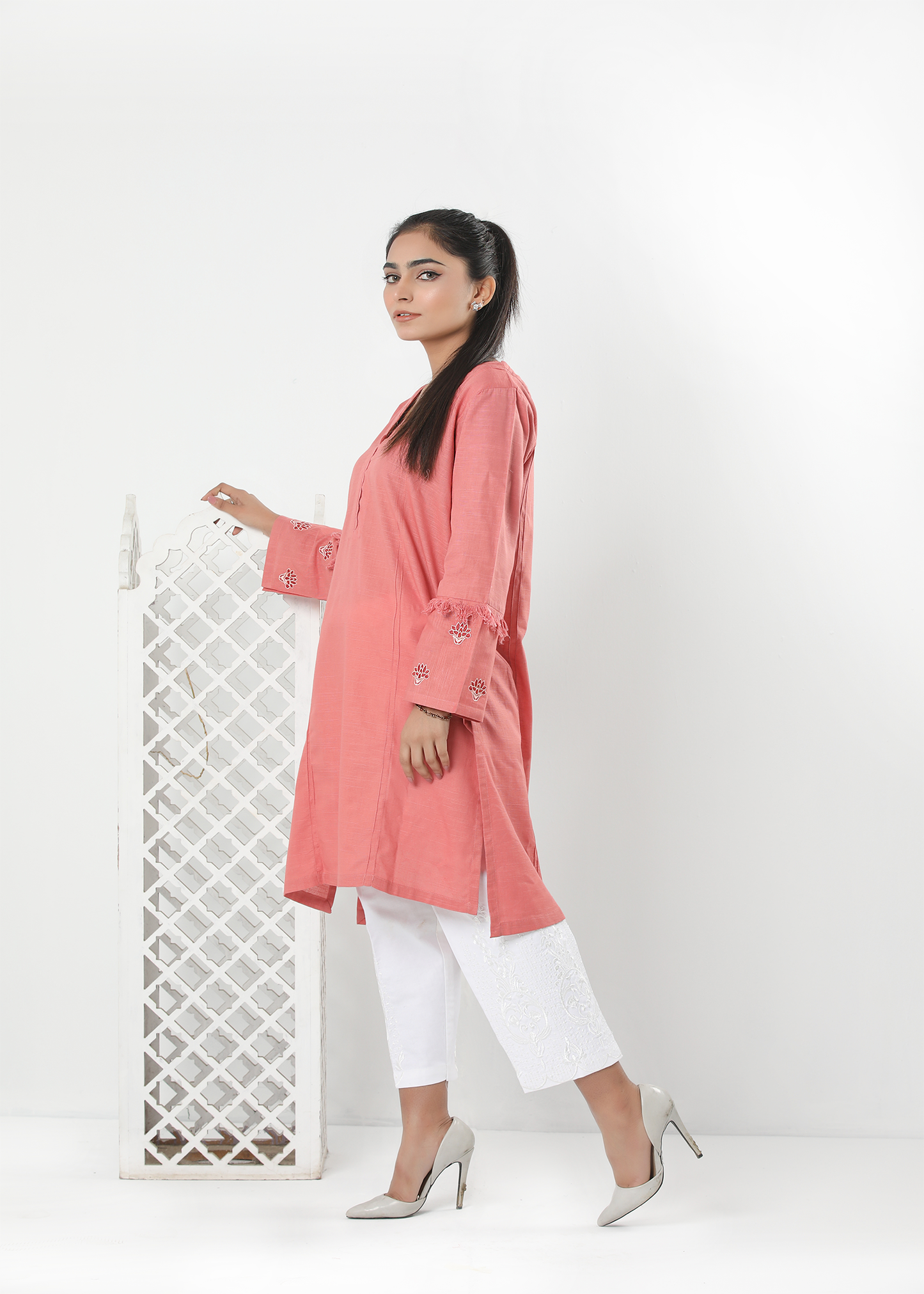 Slub Khaddar Tea Pink Embroidered Shirt